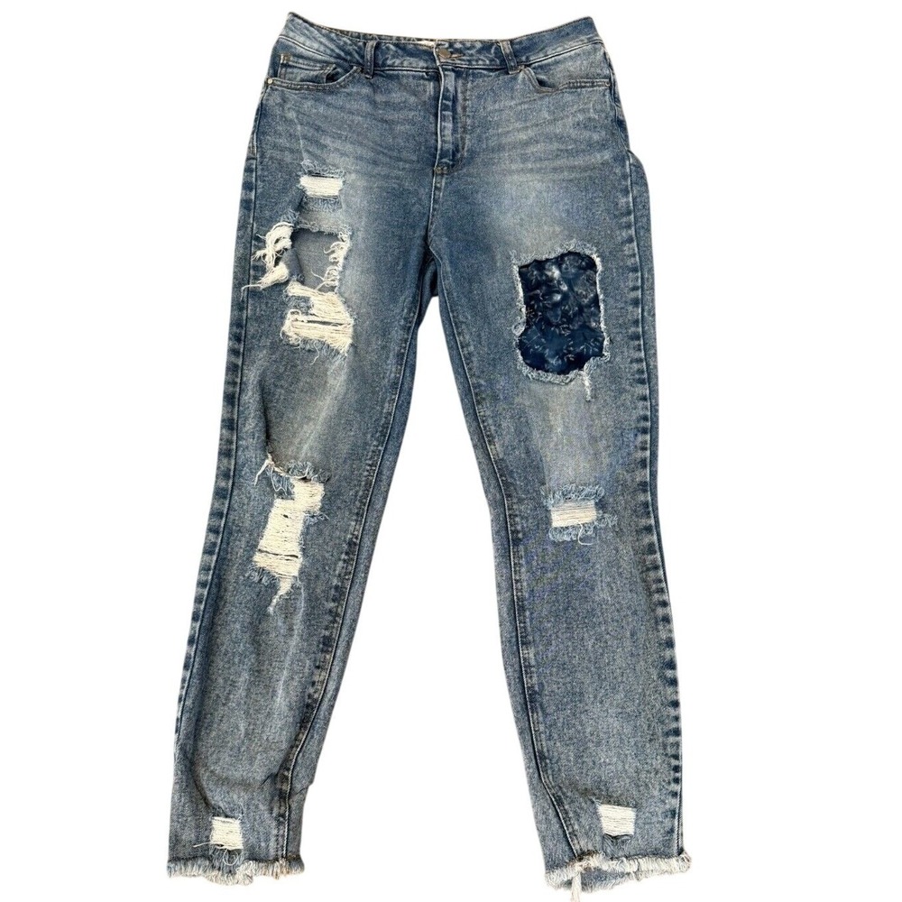 Tinseltown Junior's Size 13‎ Distressed Patched Raw Hem Ankle Jeans 27" Inseam